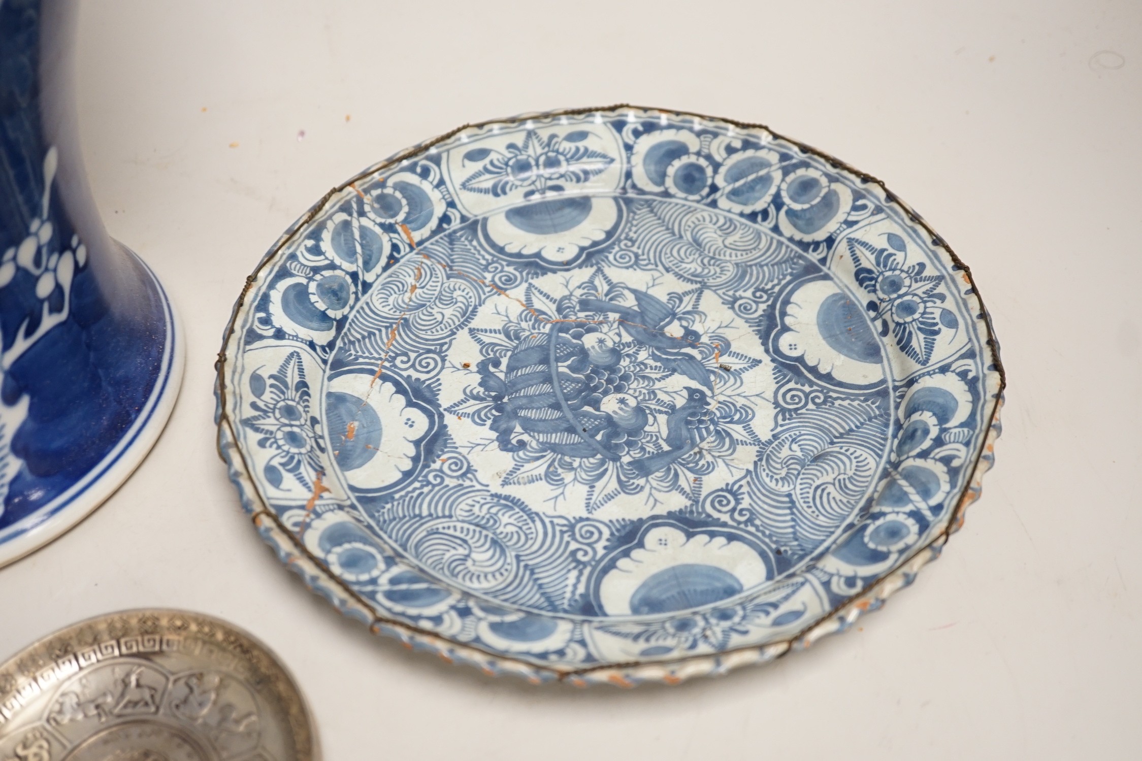 A large Chinese blue and white prunus vase, 46.5cm, together with Chinese export plates and oriental ceramics etc